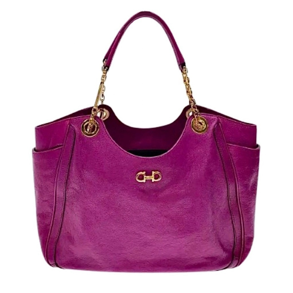 FERRAGAMO GANCINI Pink Purple Leather Large Size Betulla Bag with Side Pockets